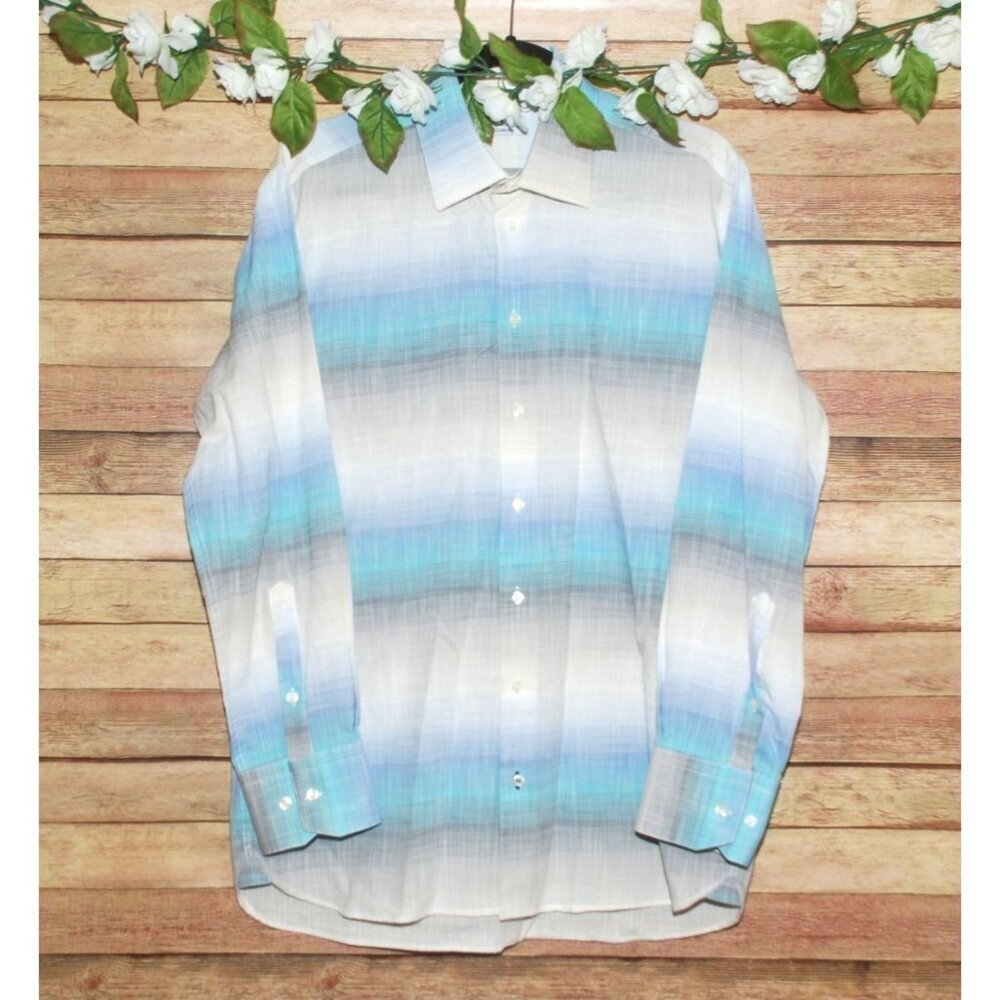 Sebastien James Designer Men L Button Down Dress Shirt Blue Stripe Cotton Luxury